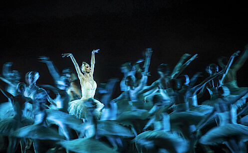 Polina Semionova als Odette, umringt von tanzenden Schwänen.