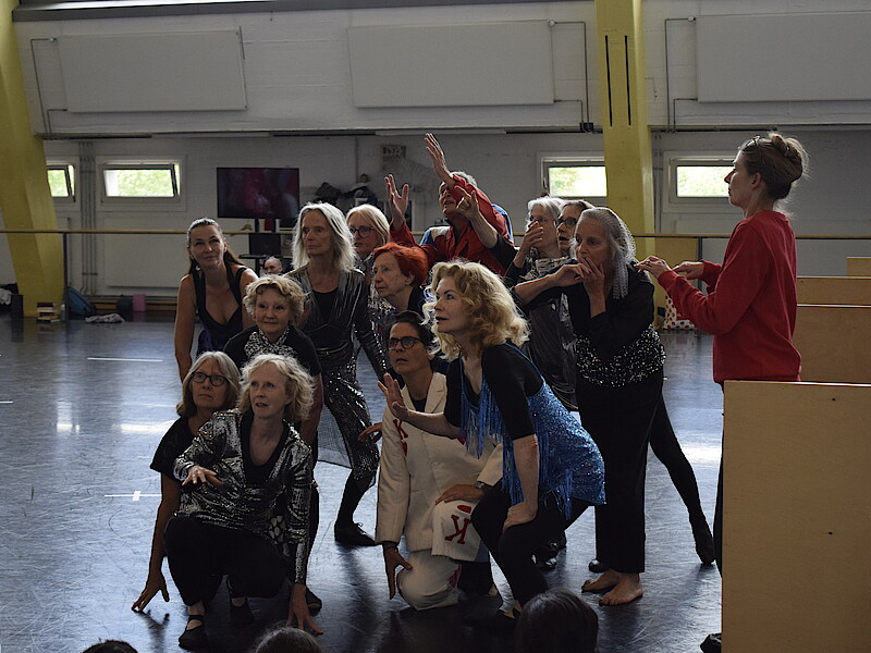 Eine Guppe älterer Herrschaften in Pose - stehend und kniens - im Ballettsaal